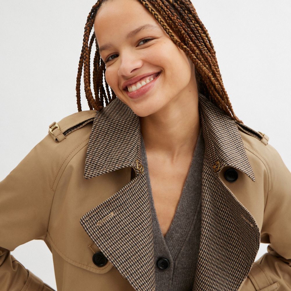 COACH®,Mixed Material Trench Coat,Recycled Polyester,Cotton,Viscose,Polyamide,Wool,Trench,Pattern,Button,Work,Beige,Detail View