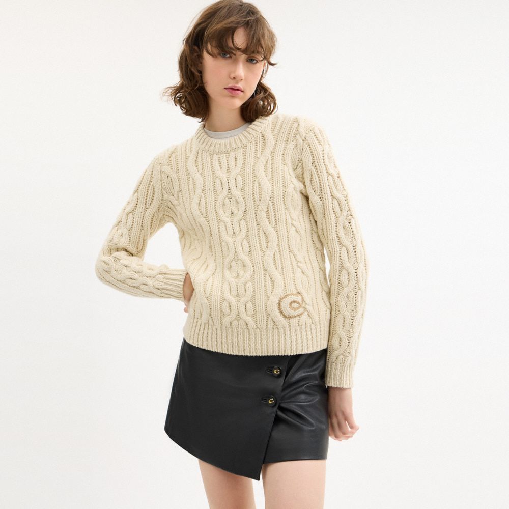 COACH®,PULL COL RAS DU COU EN TRICOT TORSADÉ,Crème,Detail View