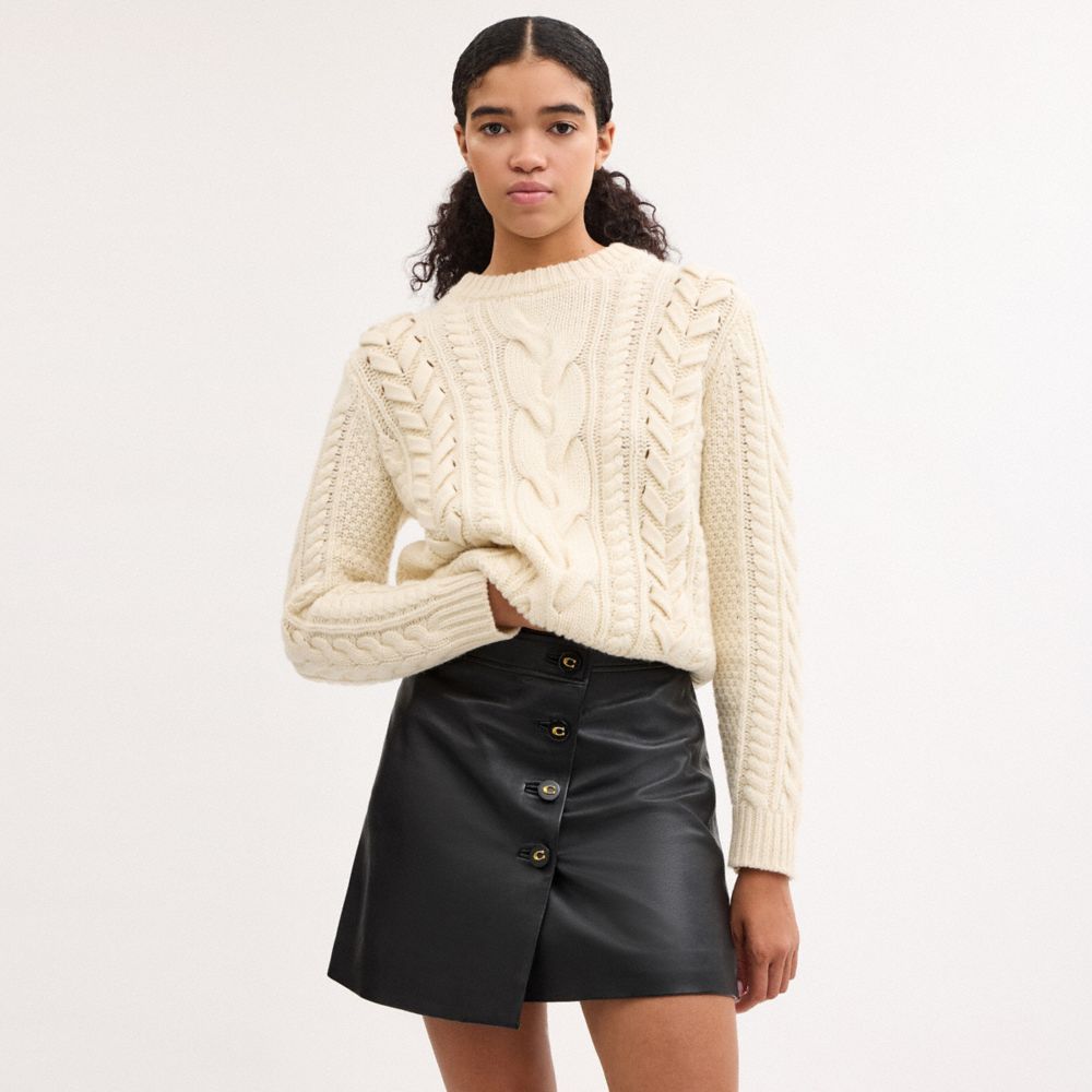 COACH®,Asymmetrical Leather Skirt,Viscose,Recycled Polyester,Lambskin,A-Line,Logo,Button,Day Party,Black,Scale View