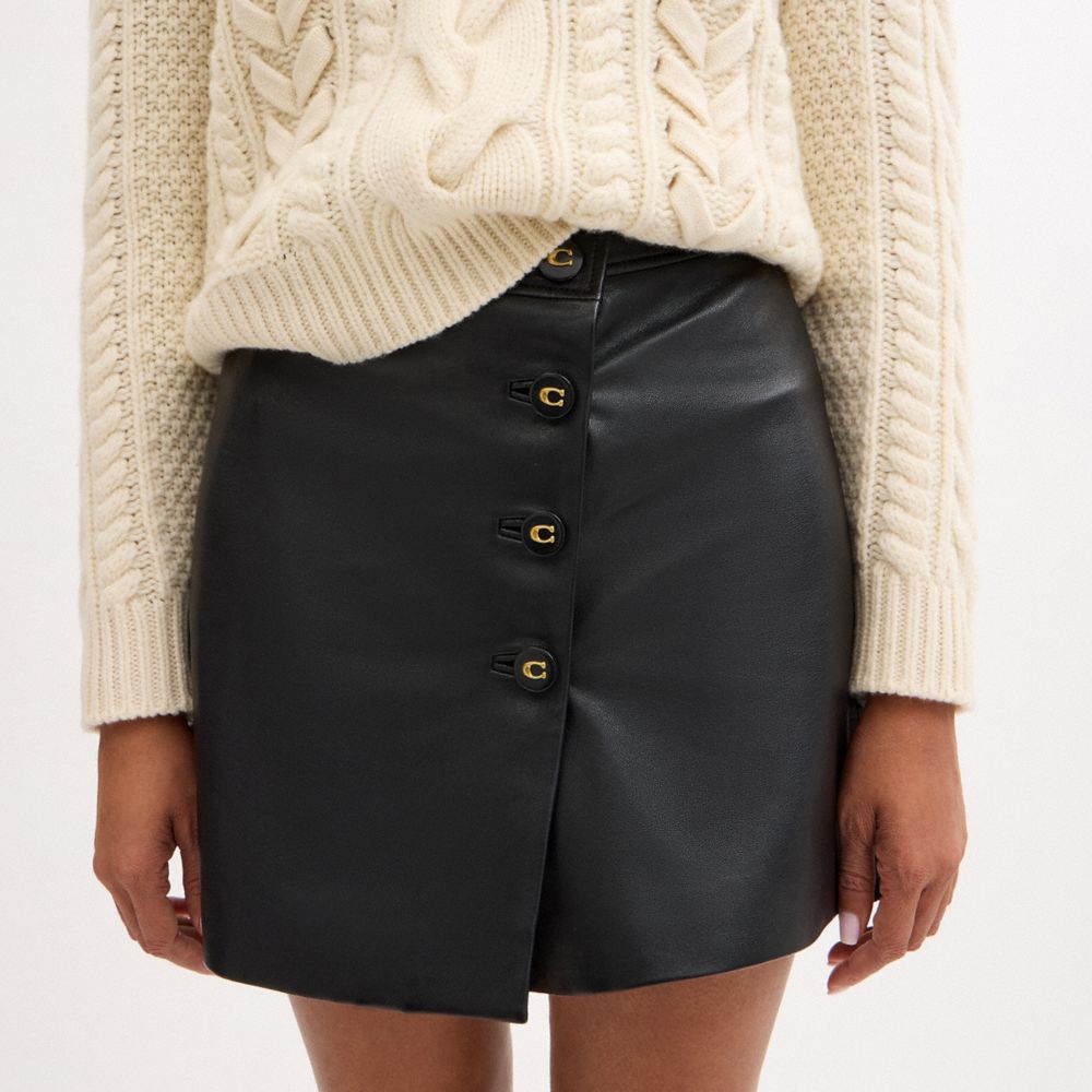 COACH®,Asymmetrical Leather Skirt,Viscose,Recycled Polyester,Lambskin,A-Line,Logo,Button,Day Party,Black,Detail View