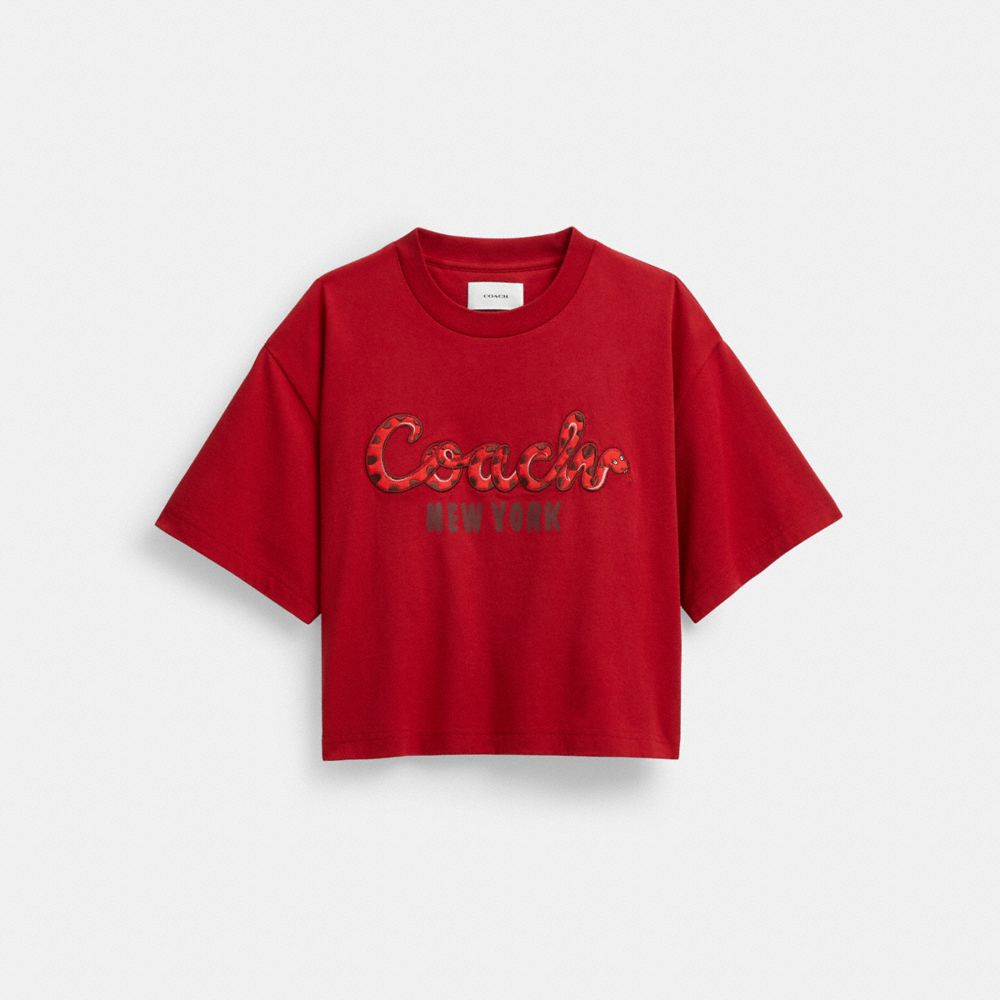 COACH®,New Year Coach Snake Script Cropped T Shirt In Organic Cotton,Organic Cotton,T Shirt,Sustainable,Casual,Red,Front View image number 0