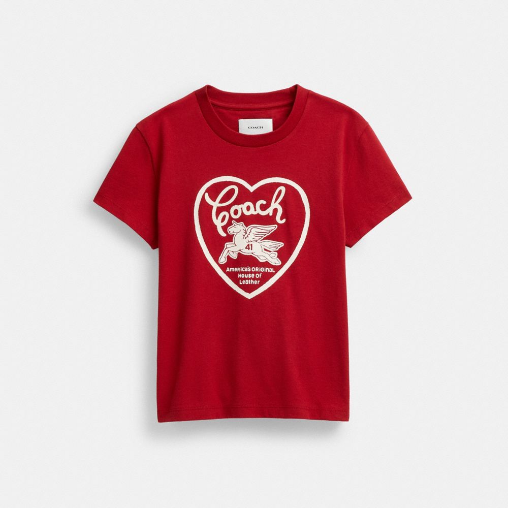 COACH®,90 S Heart T Shirt In Organic Cotton,Organic Cotton,T Shirt,Sustainable,Casual,Red,Front View image number 0