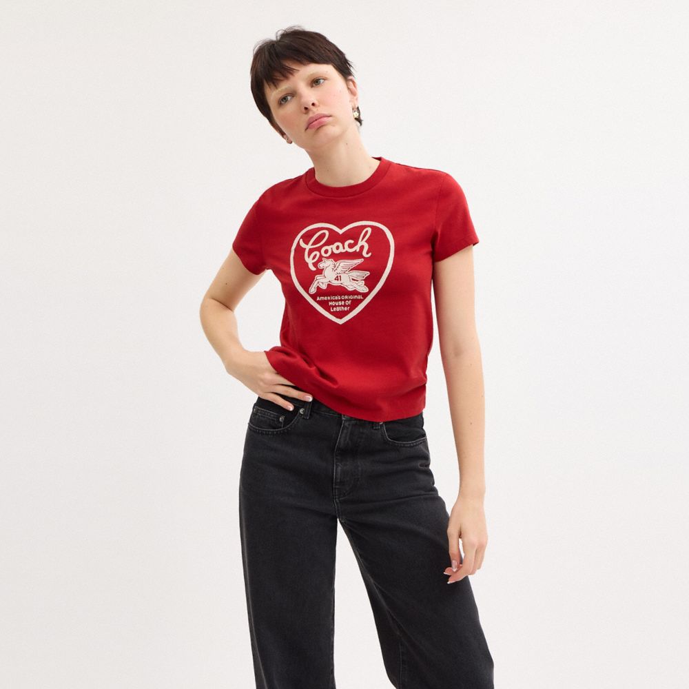 COACH®,90 S Heart T Shirt In Organic Cotton,Organic Cotton,T Shirt,Sustainable,Casual,Red,Scale View