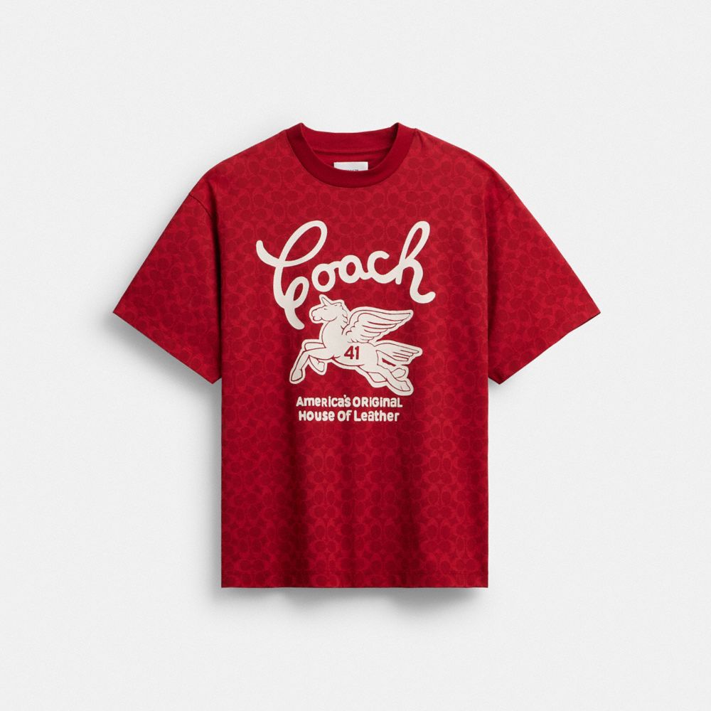 COACH®,Relaxed Signature Pegasus T Shirt In Organic Cotton,Organic Cotton,T Shirt,Sustainable,Casual,Red,Front View