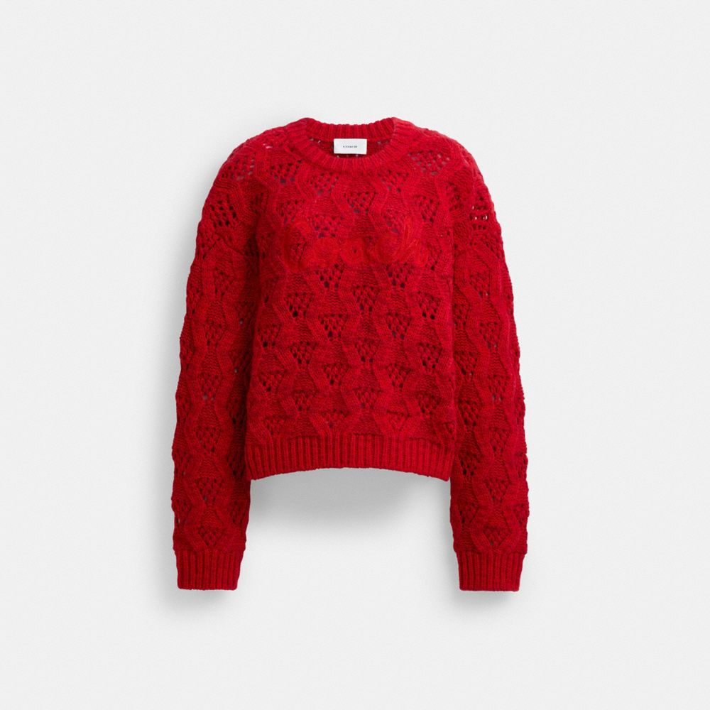 COACH®,Cable Knit Cursive Signature Cropped Sweater,Wool,Cashmere,Sweater,Pointelle Embellishment,Sheer,Casual,Red,Front View