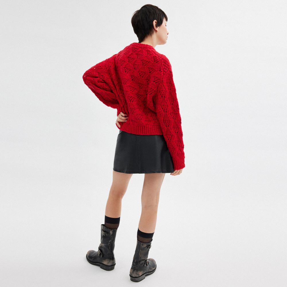 COACH®,Cable Knit Cursive Signature Cropped Sweater,Wool,Cashmere,Sweater,Pointelle Embellishment,Sheer,Casual,Red,Scale View