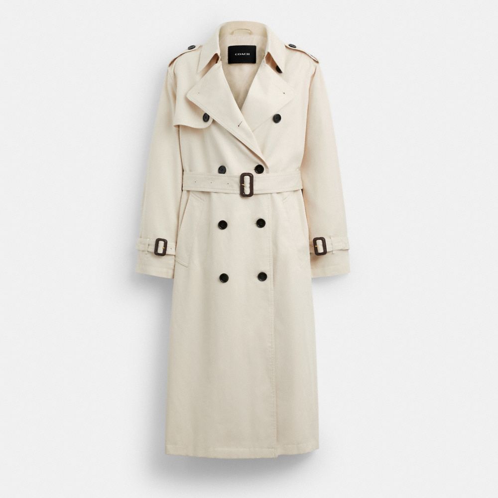 COACH®,Fluid Trench Coat,Recycled Polyester,Cotton Blend,Trench,Button,Work,Cream,Front View