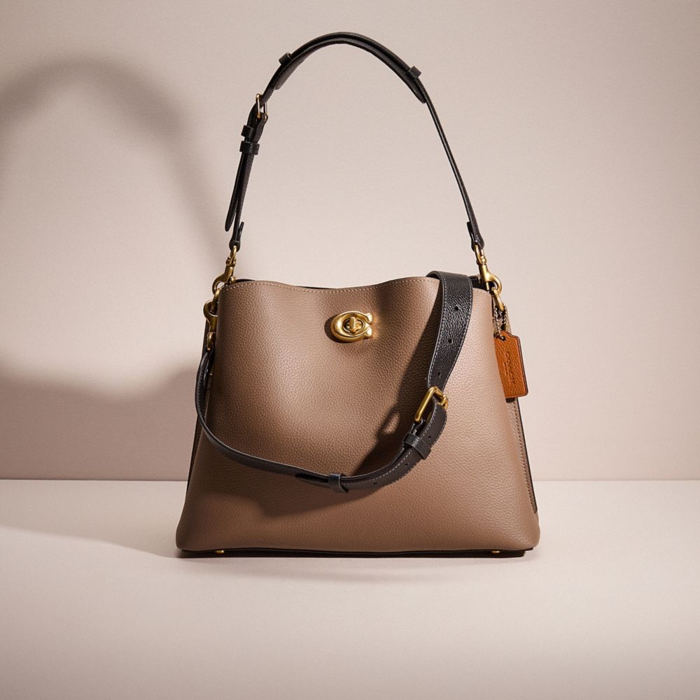 COACH®,RESTORED WILLOW SHOULDER BAG IN COLORBLOCK,Polished Pebble Leather,Brass/Dark Stone,Front View