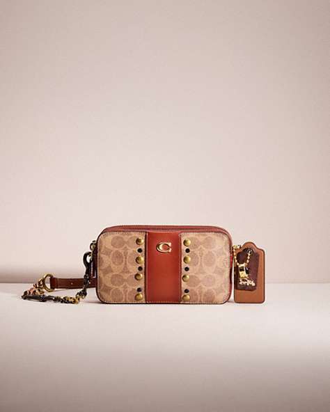 COACH®,UPCRAFTED KIRA CROSSBODY IN COLORBLOCK SIGNATURE CANVAS,Signature Coated Canvas/Leather,Mini,Brass/Tan/Rust,Front View