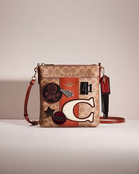 COACH®,UPCRAFTED KITT MESSENGER CROSSBODY IN COLORBLOCK SIGNATURE CANVAS,Signature Coated Canvas/Leather,Mini,Brass/Tan/Rust,Front View
