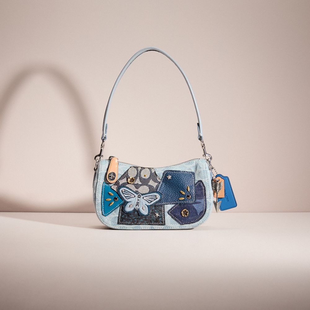 COACH®,UPCRAFTED SWINGER 20 IN SIGNATURE DENIM,Small,Denim Dream,Silver/Pale Blue,Front View