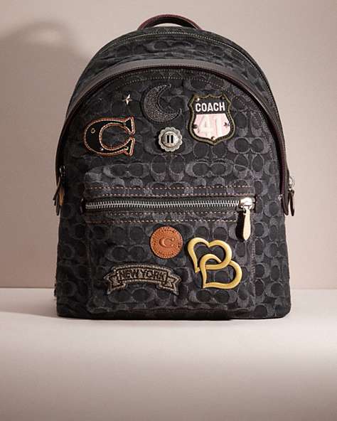 COACH®,UPCRAFTED CHARTER BACKPACK IN SIGNATURE DENIM,Denim,X-Large,Black Denim,Front View