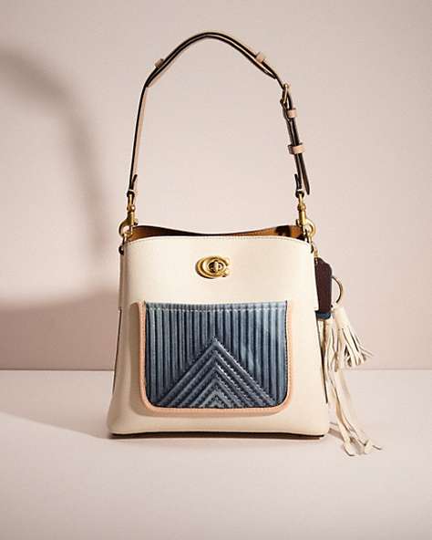 COACH®,UPCRAFTED WILLOW BUCKET BAG IN COLORBLOCK,Polished Pebble Leather,Medium,Denim Dream,Brass/Chalk Multi,Front View