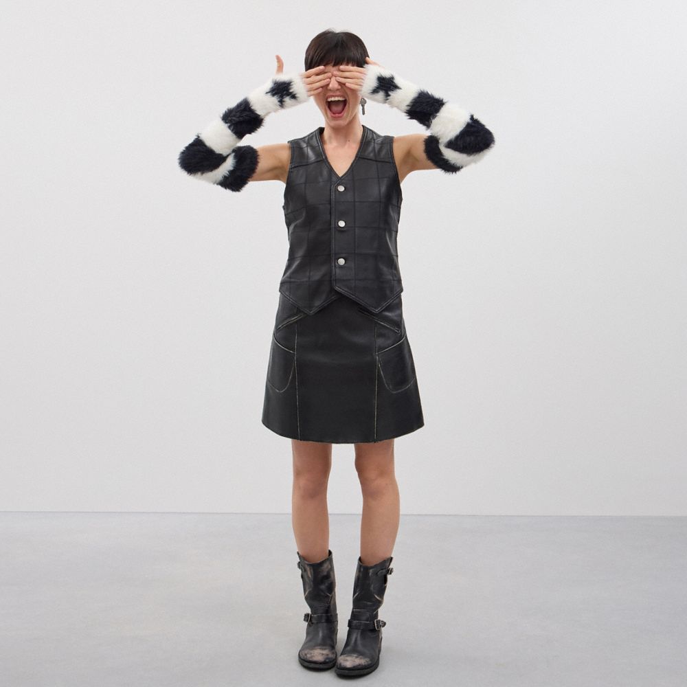 COACH®,Fuzzy Knit Arm Warmers With Star Graphic,Recycled Nylon,Fuzzy Knit,Arm Warmers,Eco-Friendly,Casual,Multi Color,Detail View