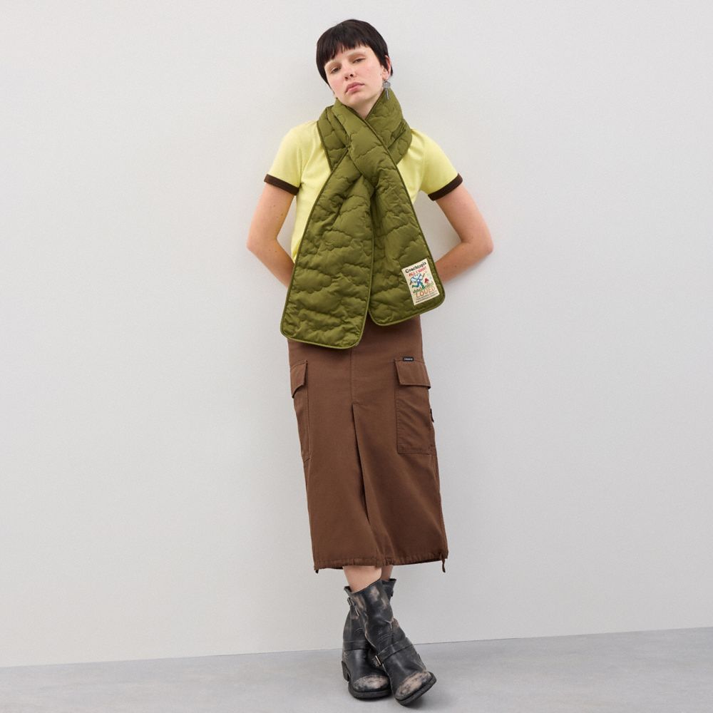 COACH®,Coachtopia Loop Scarf With Sherpa Lining,Recycled Polyester,Lining Sherpa,Infinity,Rectangle,Applique,Logo,NFC Tech...,Olive,Detail View