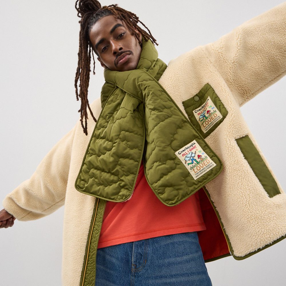COACH®,Coachtopia Loop Scarf With Sherpa Lining,Recycled Polyester,Lining Sherpa,Infinity,Rectangle,Applique,Logo,NFC Tech...,Olive,Detail View