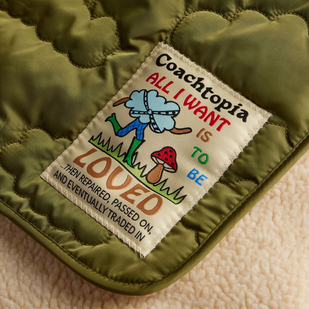 COACH®,Coachtopia Loop Scarf With Sherpa Lining,Recycled Polyester,Lining Sherpa,Infinity,Rectangle,Applique,Logo,NFC Tech...,Olive,Closer View