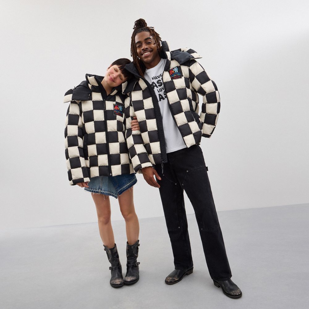 Coach Topia Loop Puffer Jacket With Checkerboard Quilting In Black/cloud