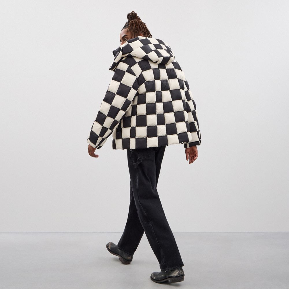 Coach Topia Loop Puffer Jacket With Checkerboard Quilting In Black/cloud