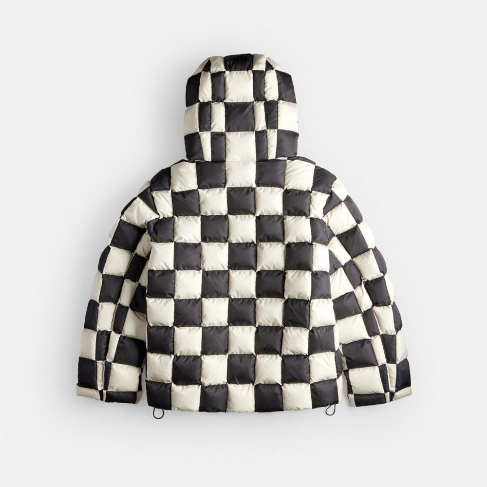 Coach Topia Loop Puffer Jacket With Checkerboard Quilting In Black/cloud