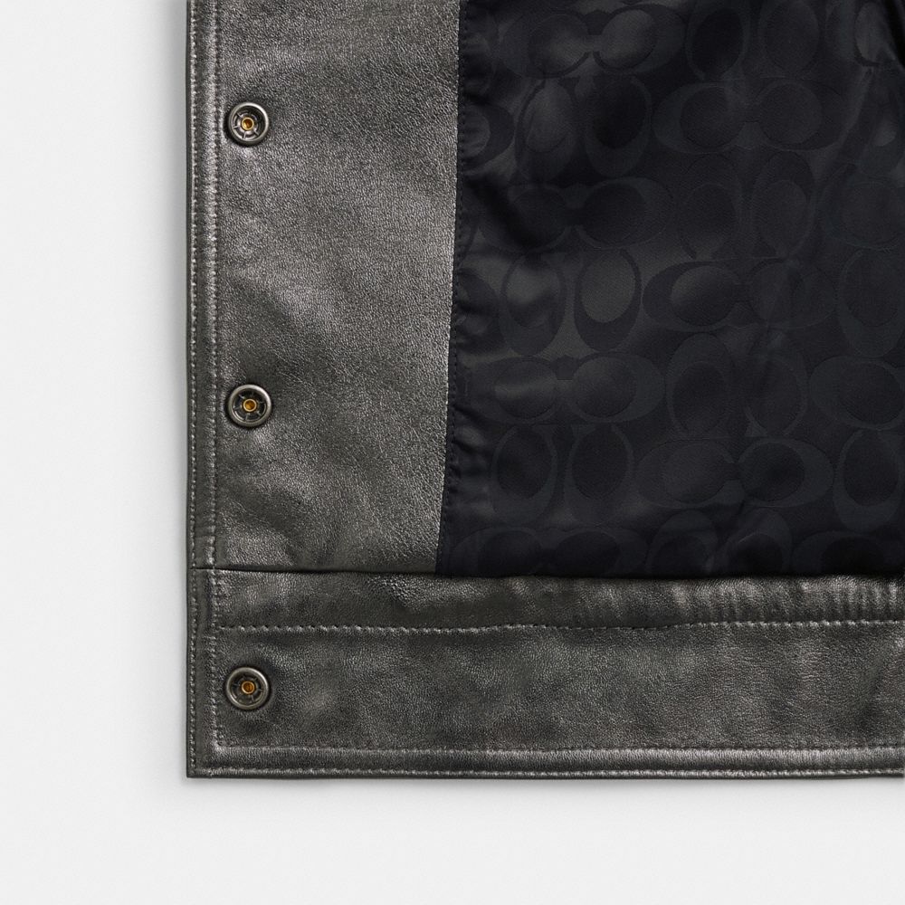 COACH®,Metallic Heritage Signature Shrunken Jacket,Viscose,Lambskin,Polyester,Jacket,Leather,Metal,Logo,Casual,Gray,Inside View,Top View
