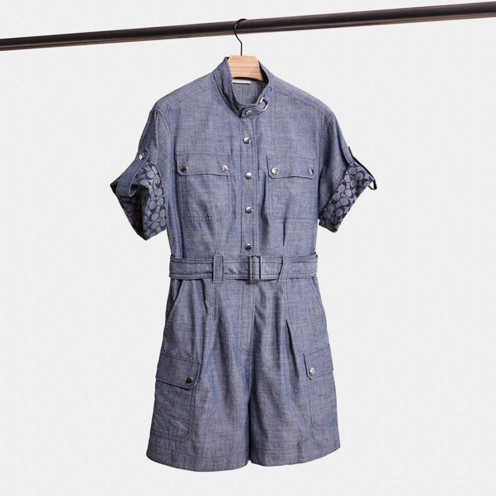 COACH®,RESTORED BELTED ROMPER,Chambray,Front View