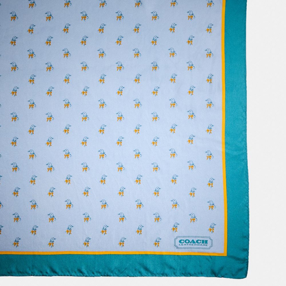 COACH®,Restored Bird Print Silk Square Scarf,Silk,Square,Bandana,Color Block,Logo,Piping,Word Embellishment,Casual,Blue,Closer View