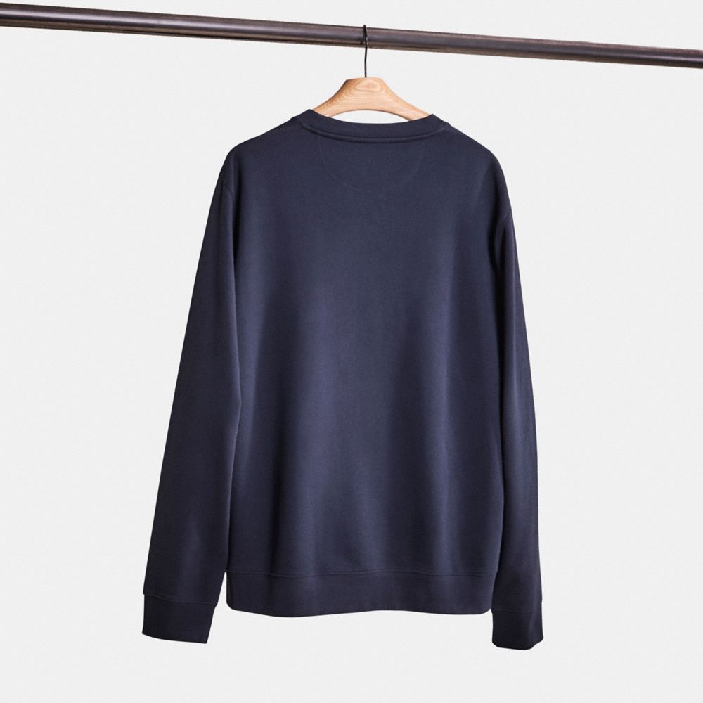 COACH®,Restored Signature Essential Sweatshirt,Cotton,Knit,Cotton Knit,Chambray,Sweatshirt,Applique,Logo,Eco-Friendly,Sust...,Navy,Back View