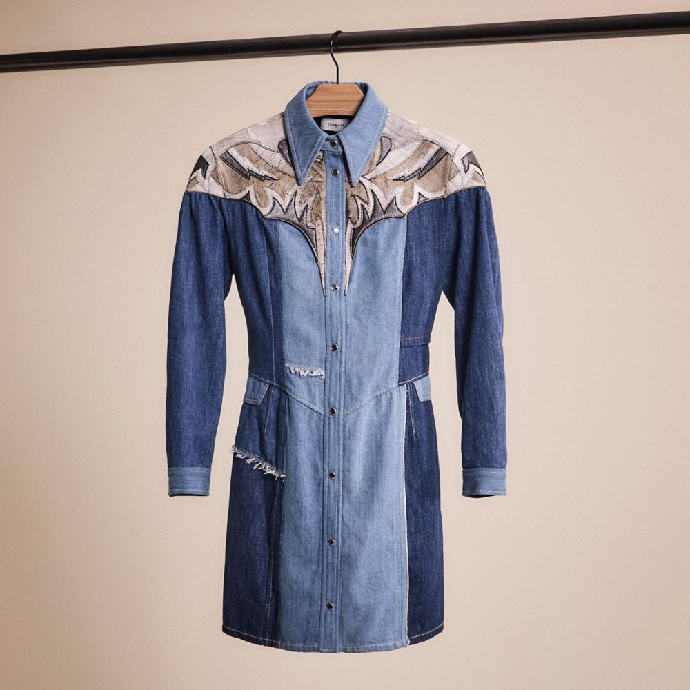 COACH®,RESTORED DENIM LEATHER PATCHWORK DRESS,Blue,Front View