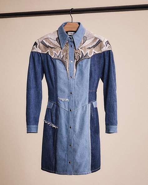 COACH®,RESTORED DENIM LEATHER PATCHWORK DRESS,Blue,Front View
