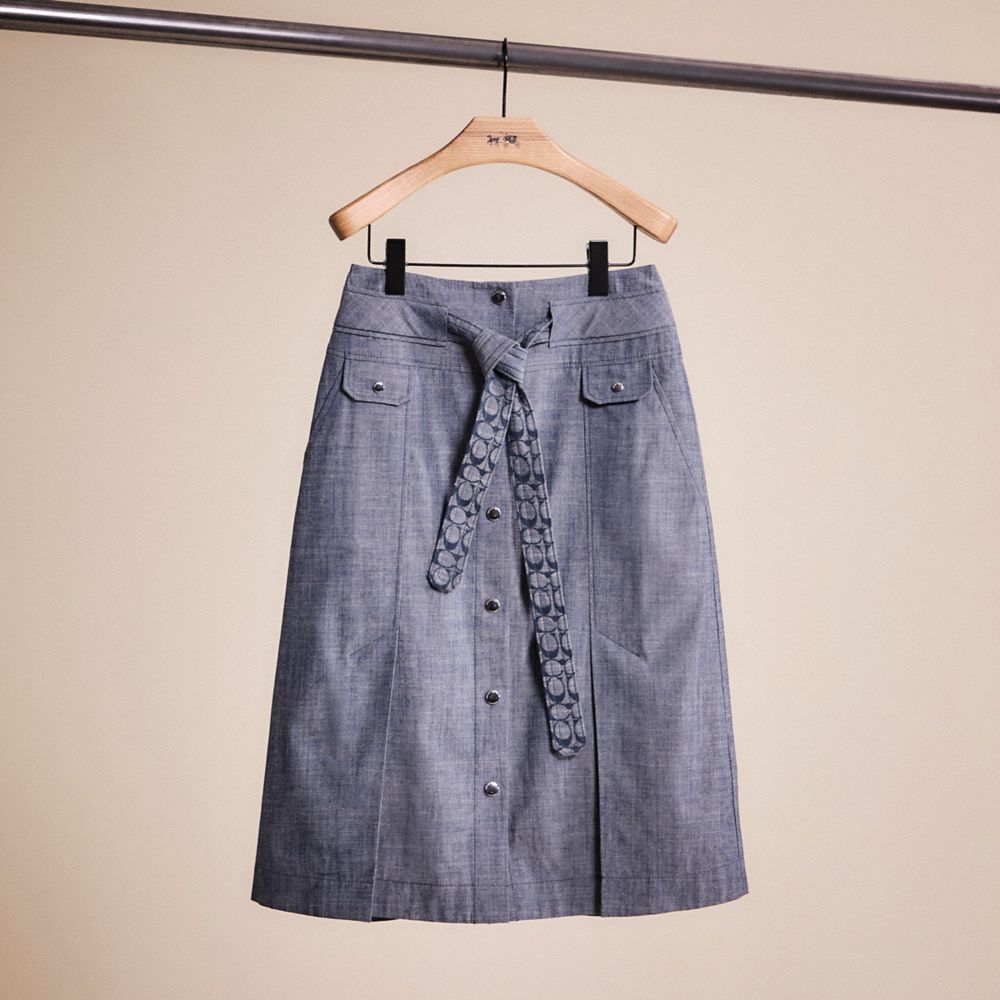 COACH®,RESTORED CHAMBRAY TIE WAIST MIDI SKIRT,Chambray,Front View