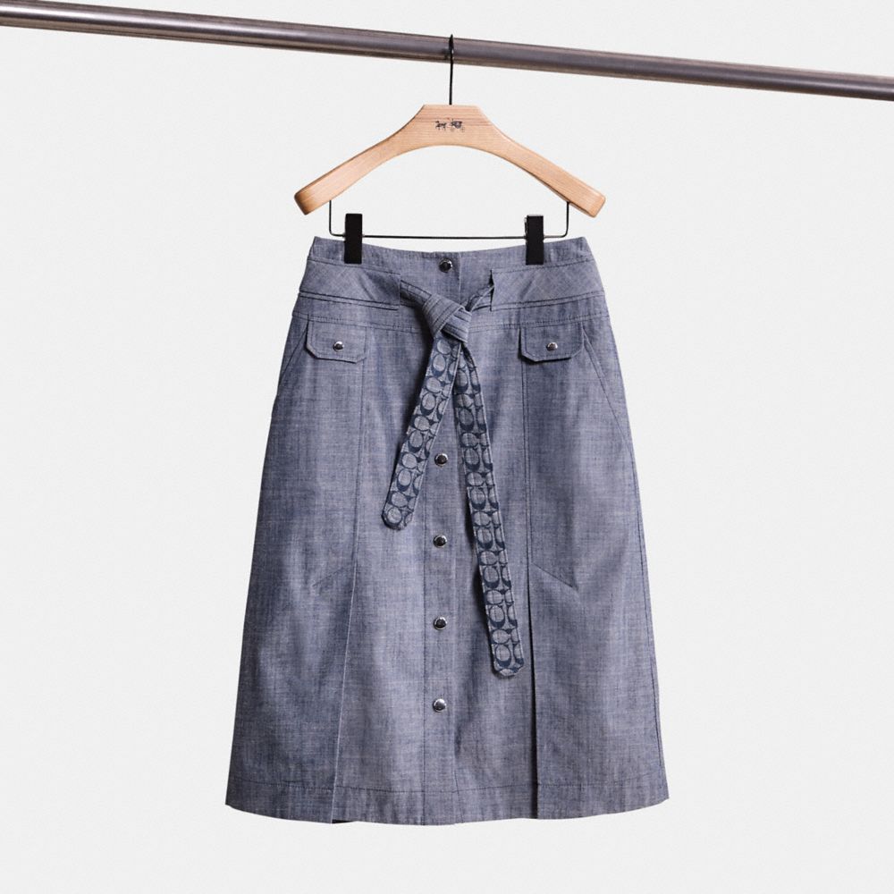 COACH®,Restored Chambray Tie Waist Midi Skirt,Polyester,Cotton,A-Line,Tie Belt,Breathable,Casual,Blue,Front View