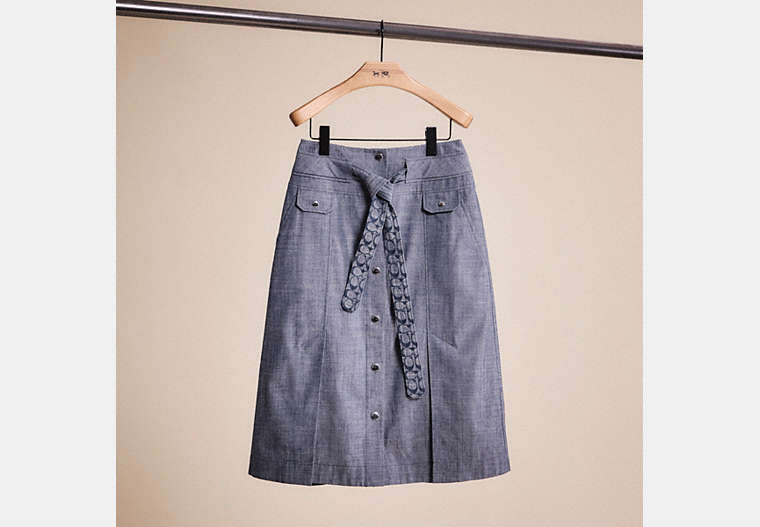 COACH®,RESTORED CHAMBRAY TIE WAIST MIDI SKIRT,Chambray,Front View