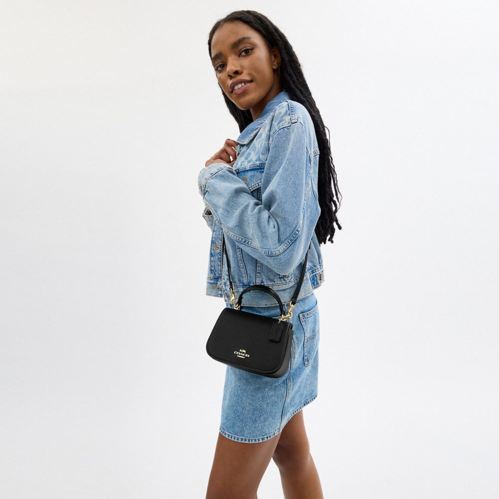 COACH®,Lysa Top Handle Bag,Leather,Crossbody,Metal,Embossed,Logo,Casual,Black,Detail View