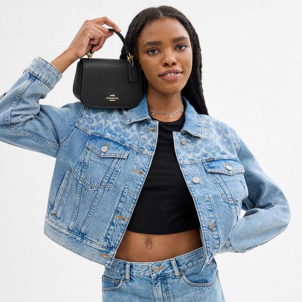 COACH®,Lysa Top Handle Bag,Leather,Crossbody,Metal,Embossed,Logo,Casual,Black,Detail View