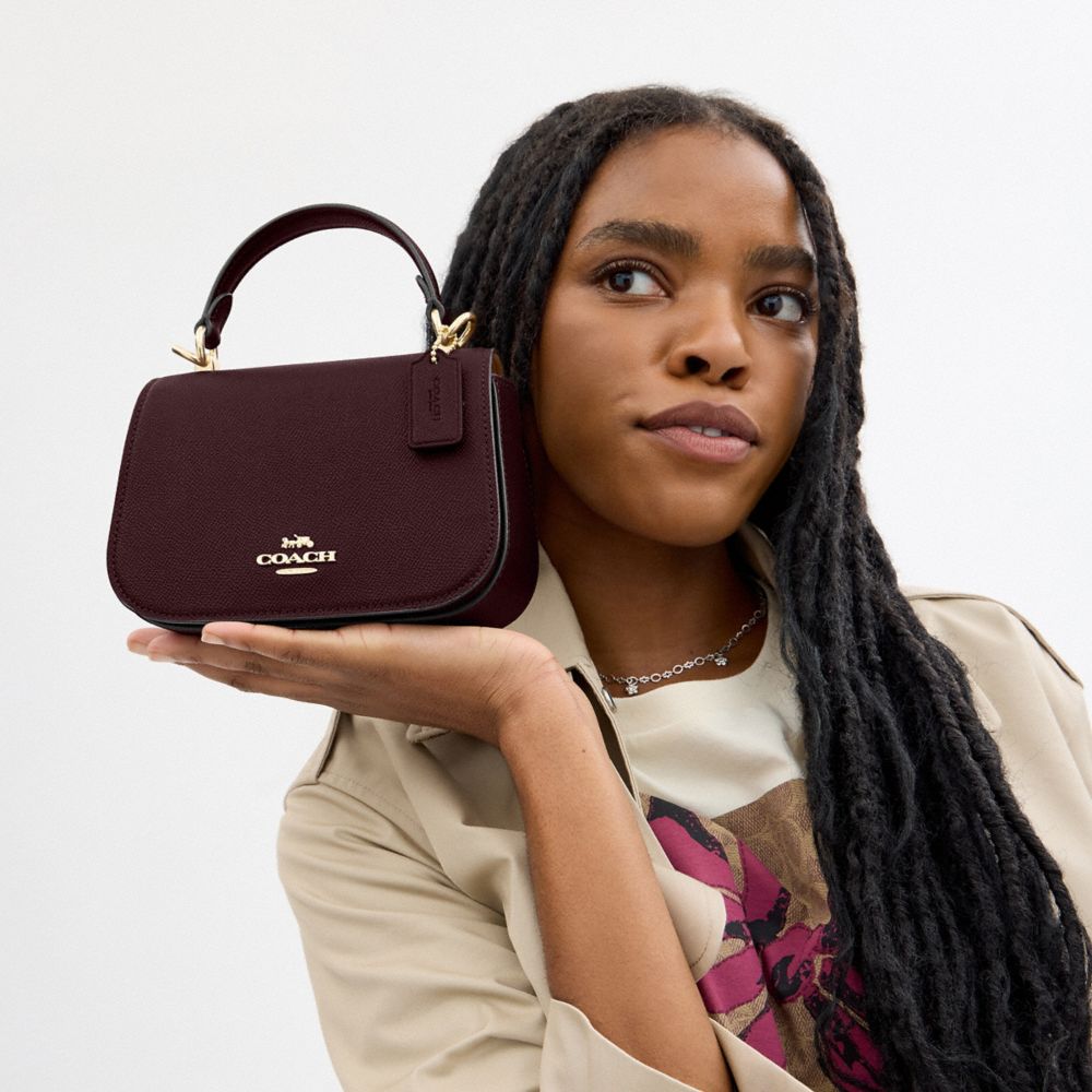 COACH®,Lysa Top Handle Bag,Leather,Crossbody,Metal,Embossed,Logo,Casual,Brown,Detail View