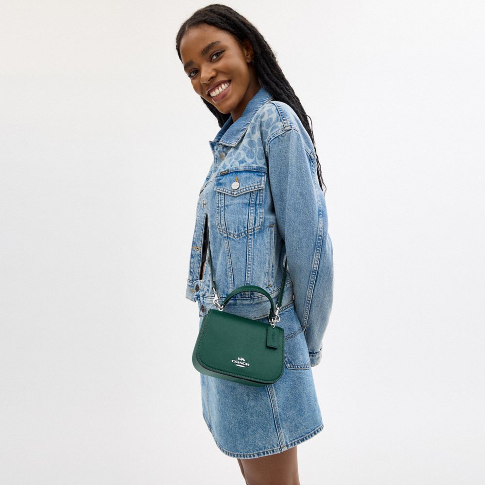 COACH®,Lysa Top Handle Bag,Leather,Crossbody,Metal,Embossed,Logo,Casual,Emerald,Detail View