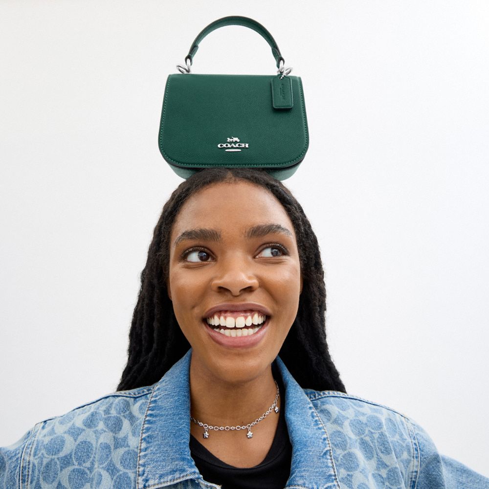 COACH®,Lysa Top Handle Bag,Leather,Crossbody,Metal,Embossed,Logo,Casual,Emerald,Detail View