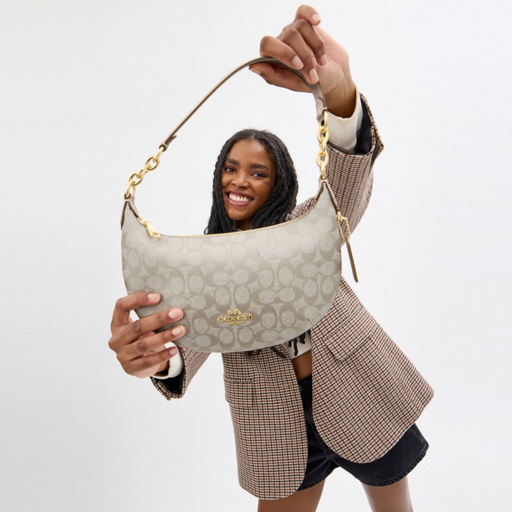 COACH®,Payton Hobo Bag In Signature Canvas,Canvas,Leather,Shoulder Bag,Chain Detail,Casual,Gray,Detail View
