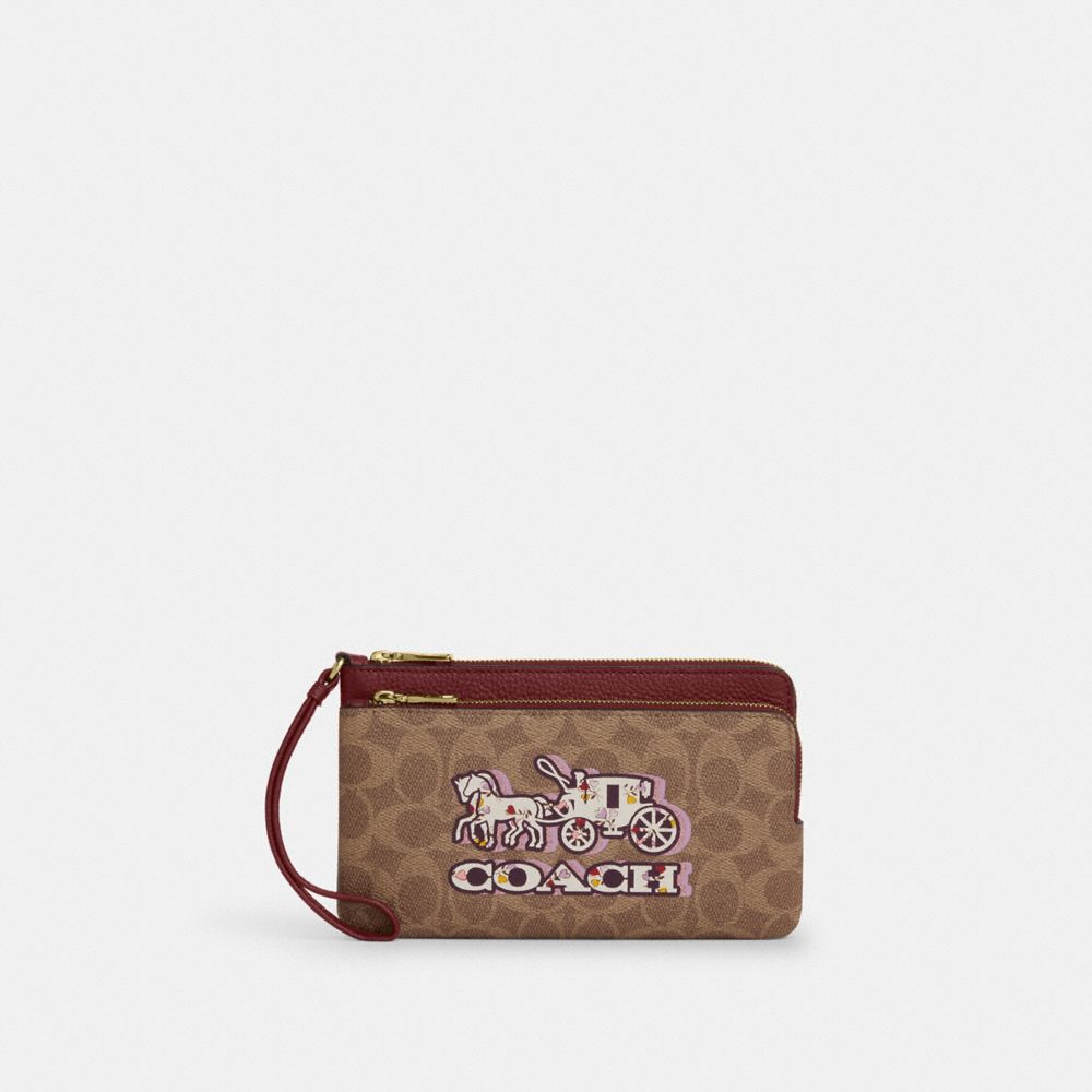 COACH®,Double Zip Wallet In Signature Canvas With Horse And Carriage Print,,Front View