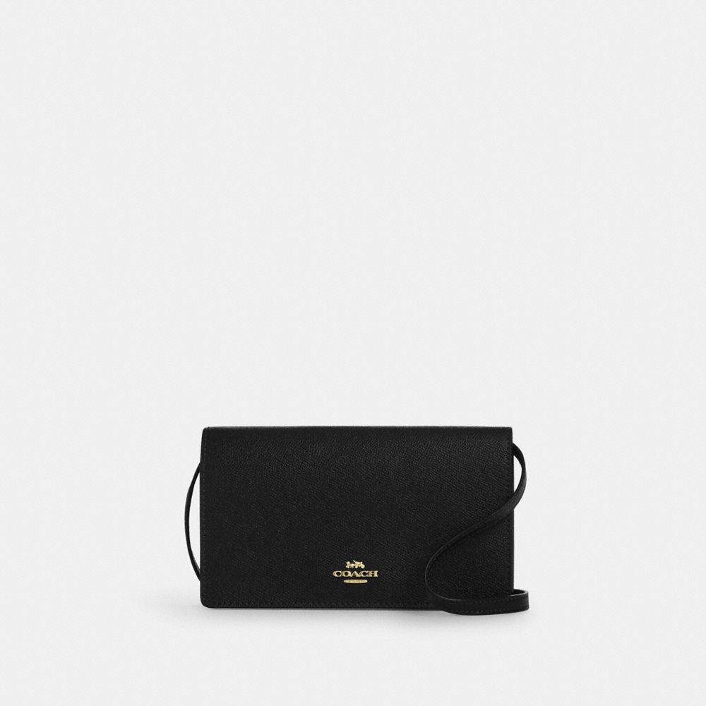 COACH®,Anna Foldover Clutch Crossbody Bag,Leather,Continental,Clutch,Crossbody,Metal,Logo,Casual,Black,Front View image number 0