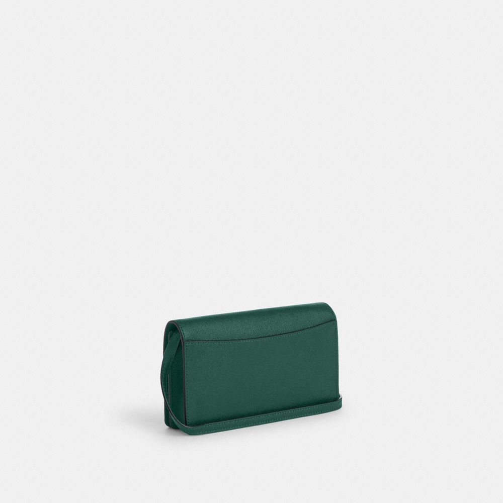 COACH®,Anna Foldover Clutch Crossbody Bag,Leather,Continental,Clutch,Crossbody,Metal,Logo,Casual,Emerald,Angle View