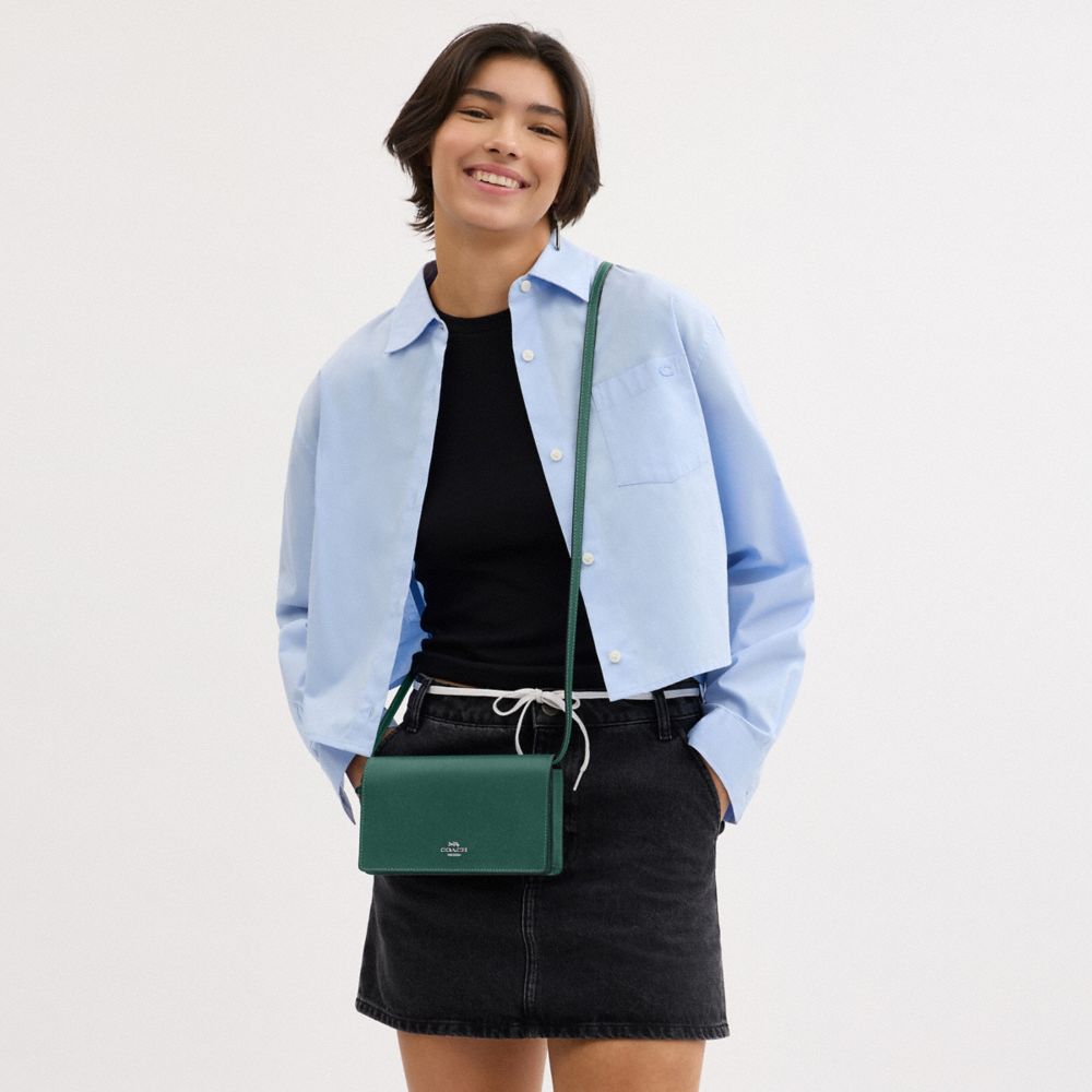 COACH®,Anna Foldover Clutch Crossbody Bag,Leather,Continental,Clutch,Crossbody,Metal,Logo,Casual,Emerald,Detail View