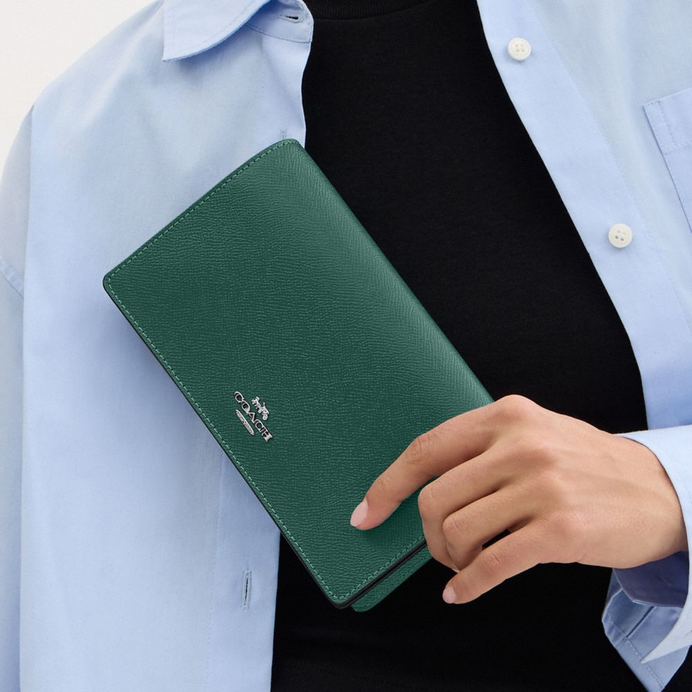COACH®,Anna Foldover Clutch Crossbody Bag,Leather,Continental,Clutch,Crossbody,Metal,Logo,Casual,Emerald,Detail View