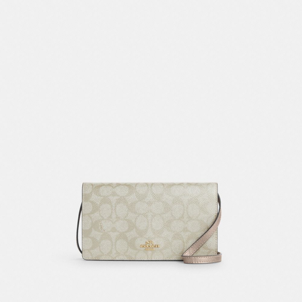 COACH®,Anna Foldover Clutch Crossbody Bag In Signature Canvas,Metallic,Canvas,Clutch,Continental,Crossbody,Color Block,Casual,Gray,Front View