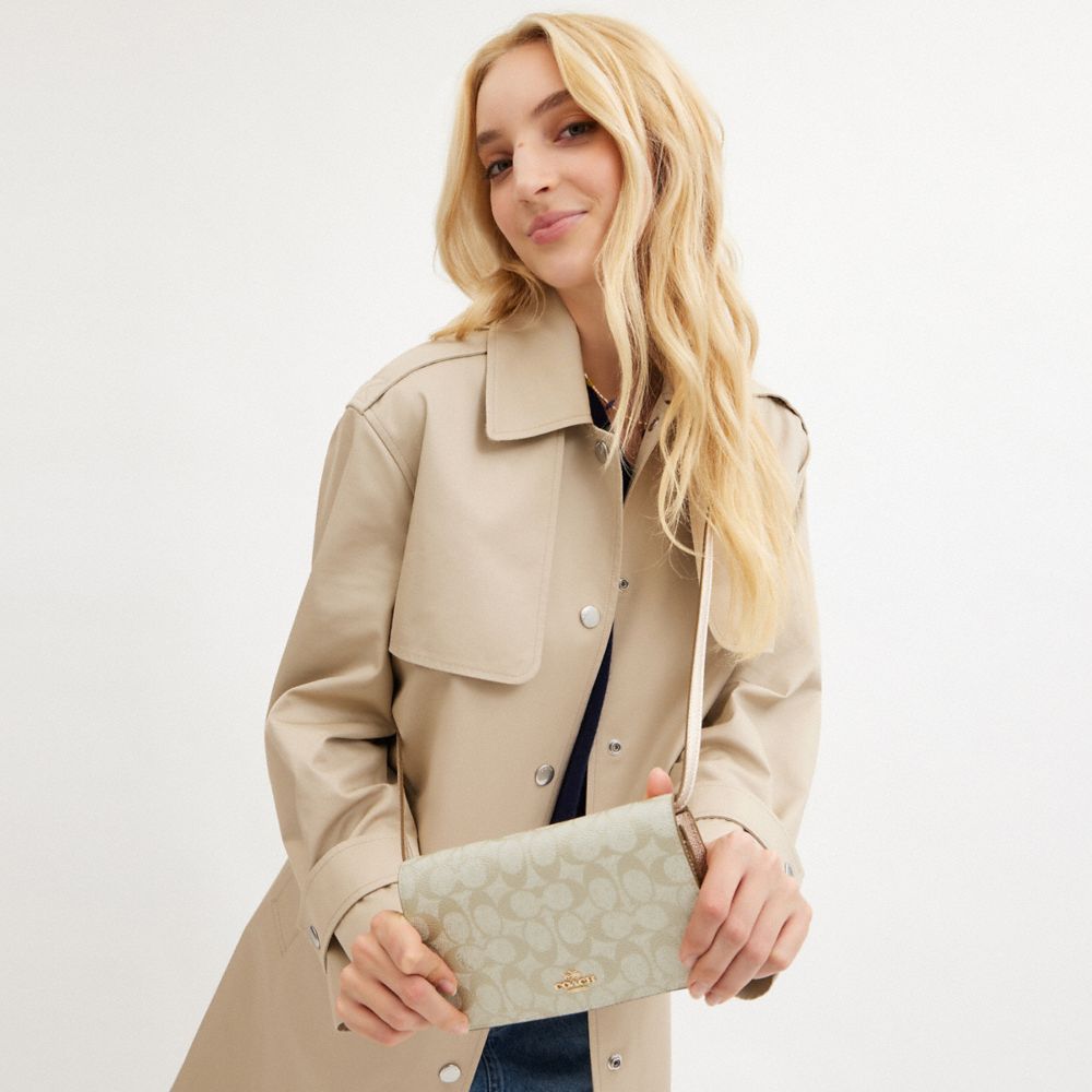 COACH®,Anna Foldover Clutch Crossbody Bag In Signature Canvas,Metallic,Canvas,Clutch,Continental,Crossbody,Color Block,Casual,Gray,Detail View