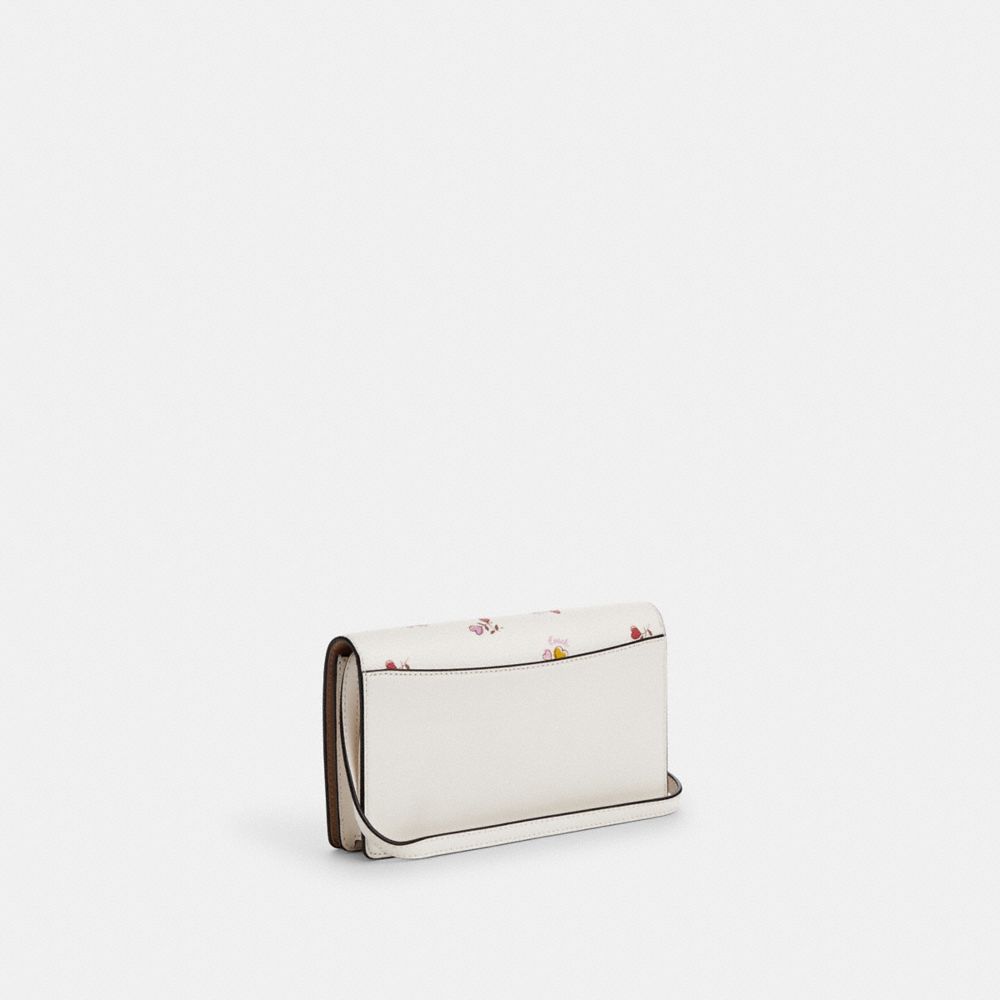 COACH®,Anna Foldover Clutch Crossbody Bag With Heart Print,Leather,Wristlet,Clutch,Crossbody,Metal,Pattern,Logo,Casual,White,Angle View