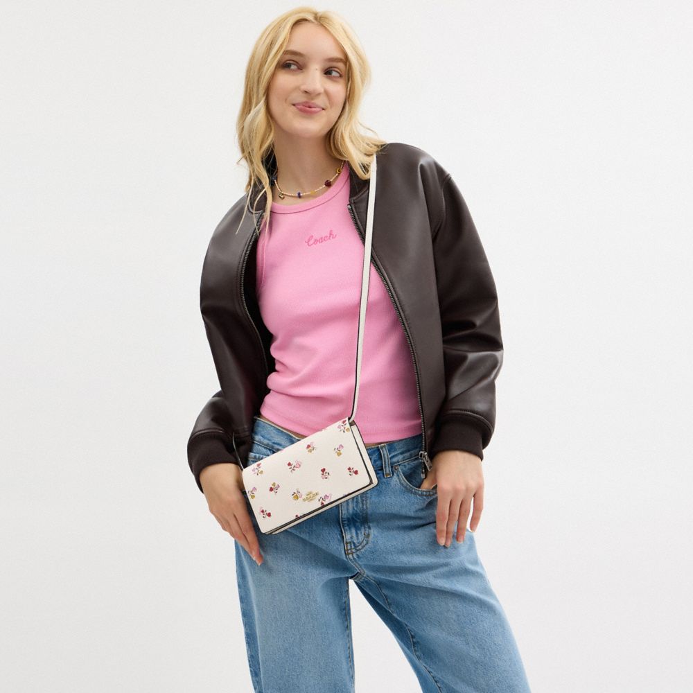 COACH®,Anna Foldover Clutch Crossbody Bag With Heart Print,Leather,Wristlet,Clutch,Crossbody,Metal,Pattern,Logo,Casual,White,Detail View