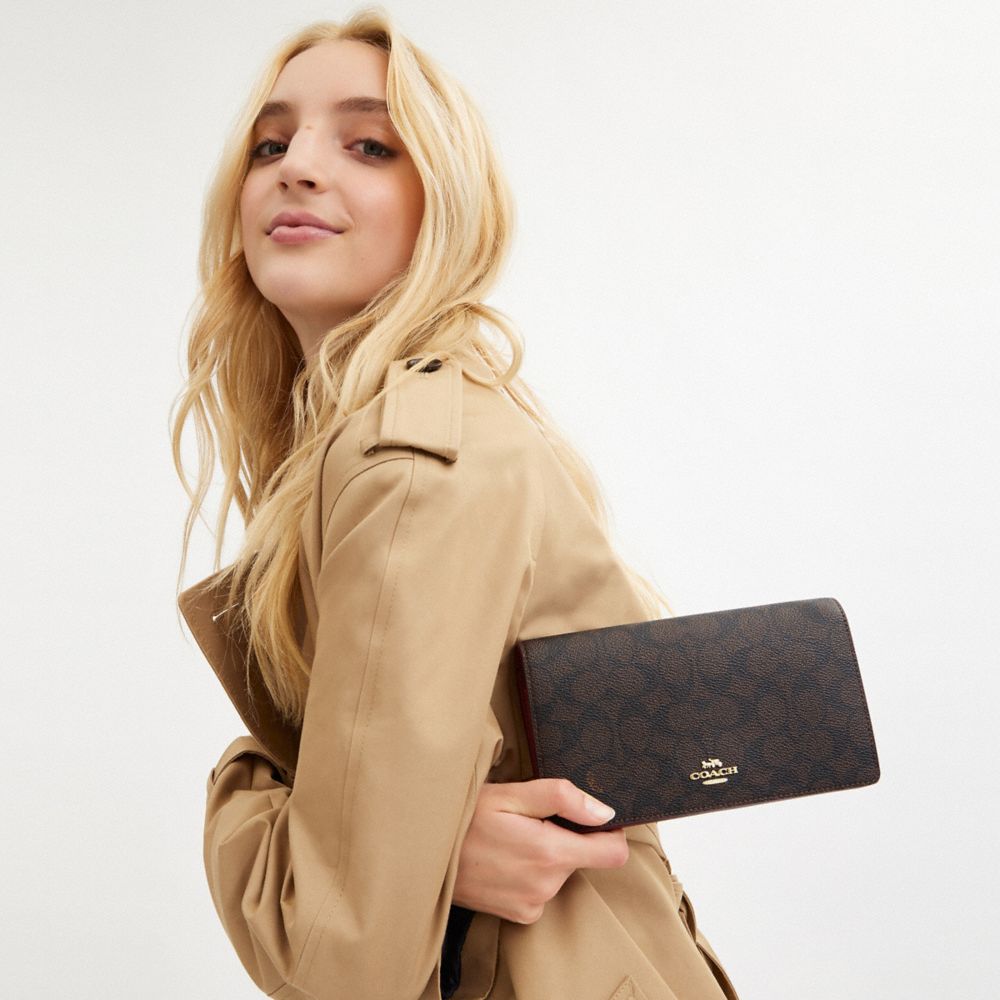COACH®,Anna Foldover Clutch Crossbody Bag In Signature Canvas,Canvas,Leather,Continental,Clutch,Crossbody,Color Block,Casual,Black,Detail View