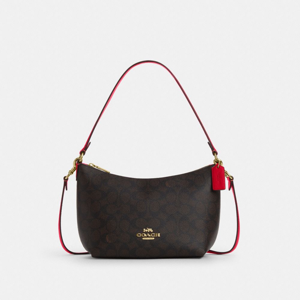 COACH®,Zip Top Shoulder Bag In Signature Canvas,Leather,Canvas,Shoulder Bag,Casual,Black,Front View image number 0